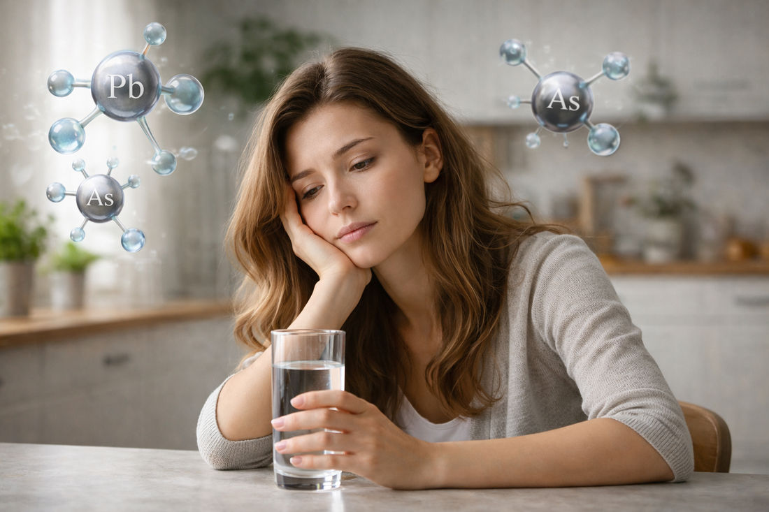 Mulher pensativa segurando um copo de água, ilustrando cansaço silencioso e impacto de metais pesados na energia