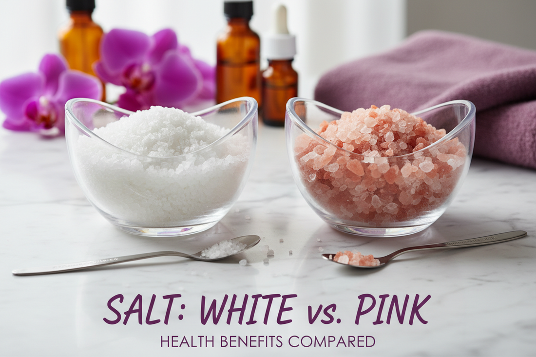 Comparação visual entre sal refinado branco e sal integral rosa - diferenças minerais e de qualidade
