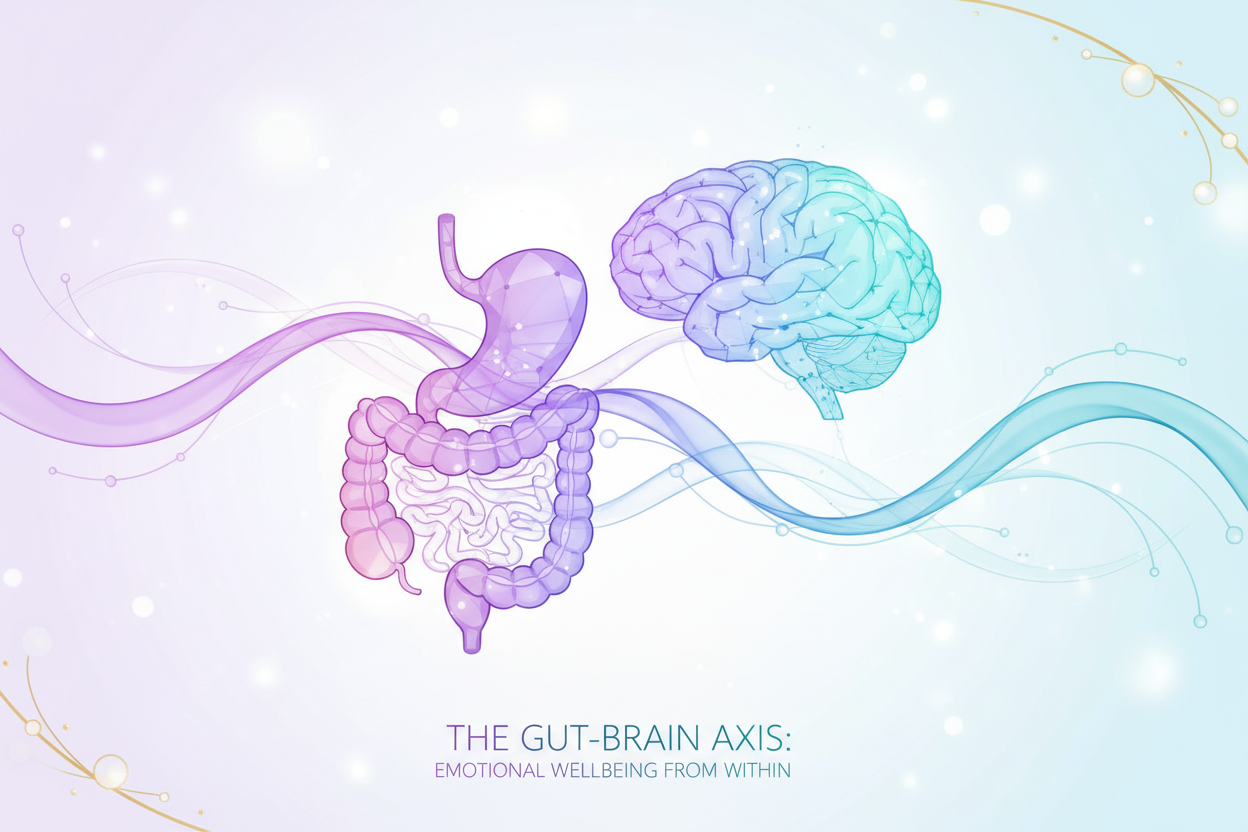 Visualização conceitual da conexão intestino-cérebro e eixo mente-corpo para saúde emocional