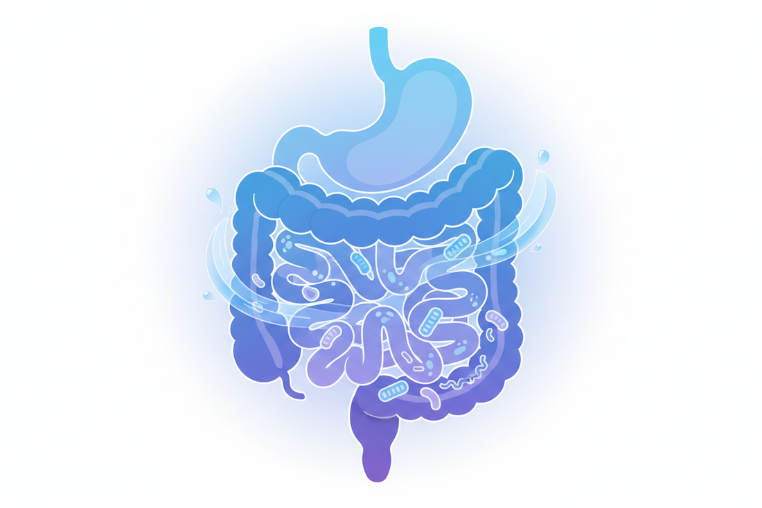 Ilustração científica do sistema digestivo humano e microbioma intestinal