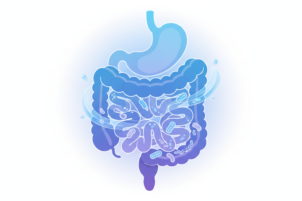 Ilustração científica do sistema digestivo humano e microbioma intestinal