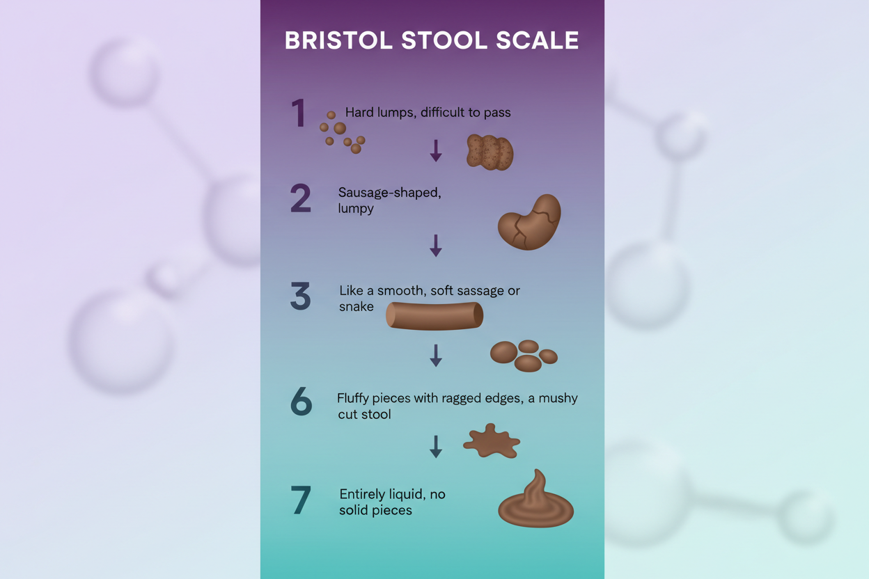 Infográfico educacional da Escala de Bristol mostrando os 7 tipos de fezes e seus significados para saúde intestinal