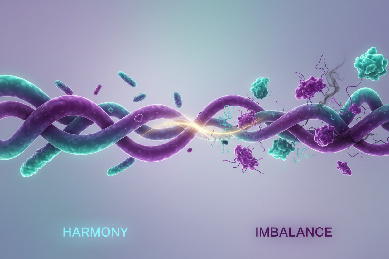 Visualização conceitual do equilíbrio e desequilíbrio da microbiota intestinal - disbiose