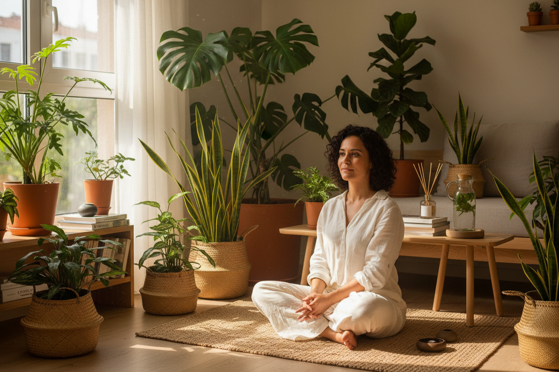 Mulher em ambiente doméstico sereno e consciente com plantas naturais