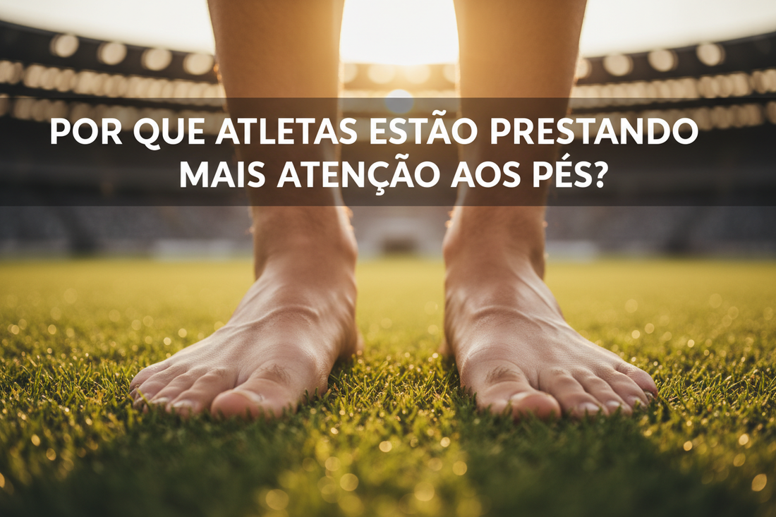 Pés descalços de atleta sobre grama de estádio com a frase Por que atletas estão prestando mais atenção aos pés?