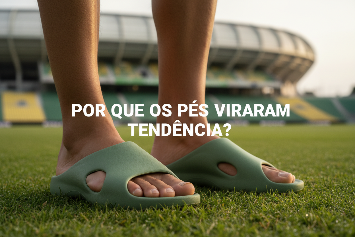 Pés usando chinelo futurista em gramado de estádio com a frase Por que os pés viraram tendência?