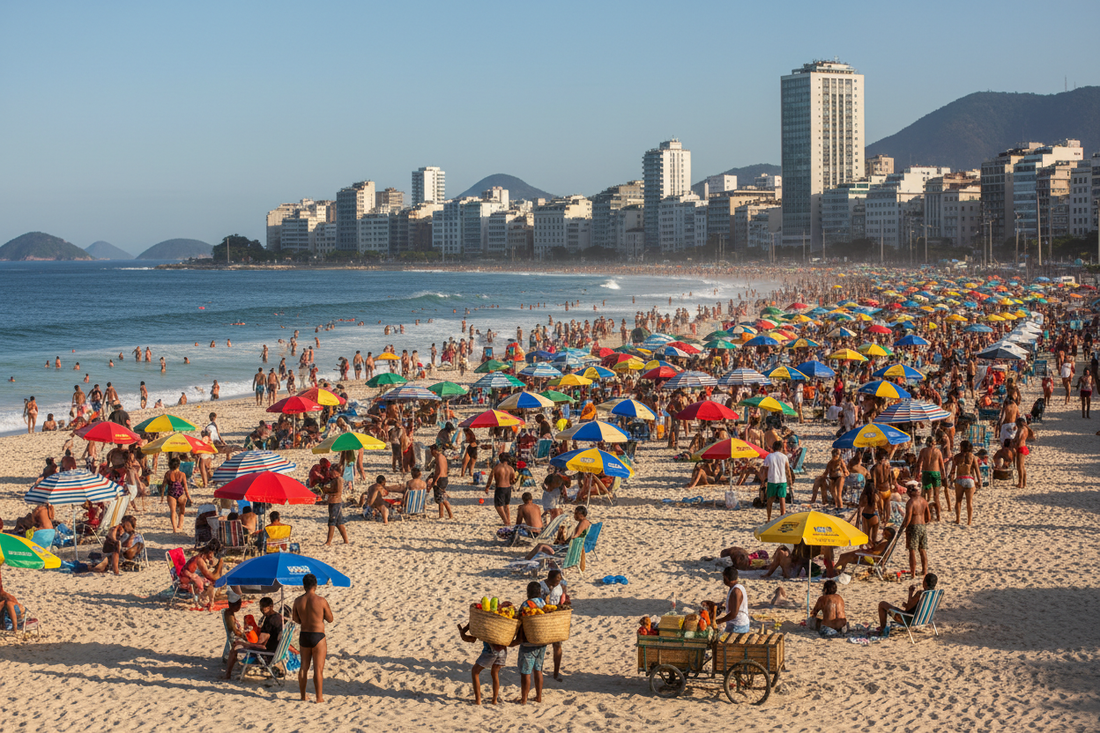 Praia brasileira lotada de turistas durante o verão