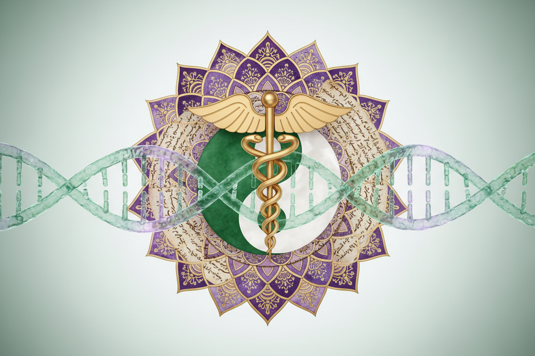 Símbolos das medicinas do mundo - ocidental, chinesa, ayurveda, persa e integrativa entrelaçados harmoniosamente