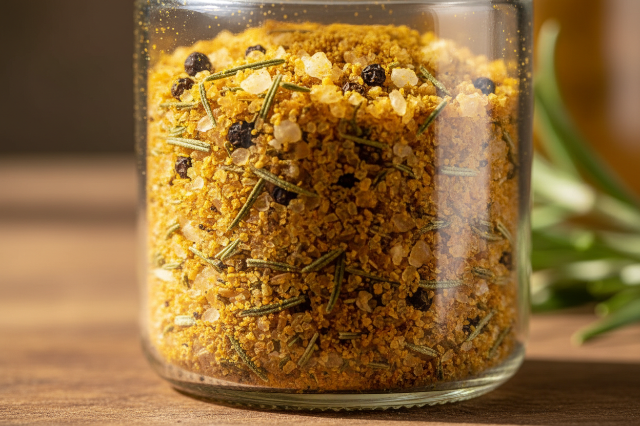 Sal de Ouro - Close-up de sal marinho integral dourado com cúrcuma, alecrim e especiarias em pote de vidro