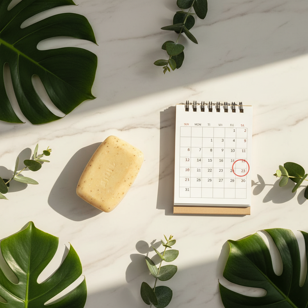Sabonete de enxofre ao lado de calendário - quantas vezes usar por semana
