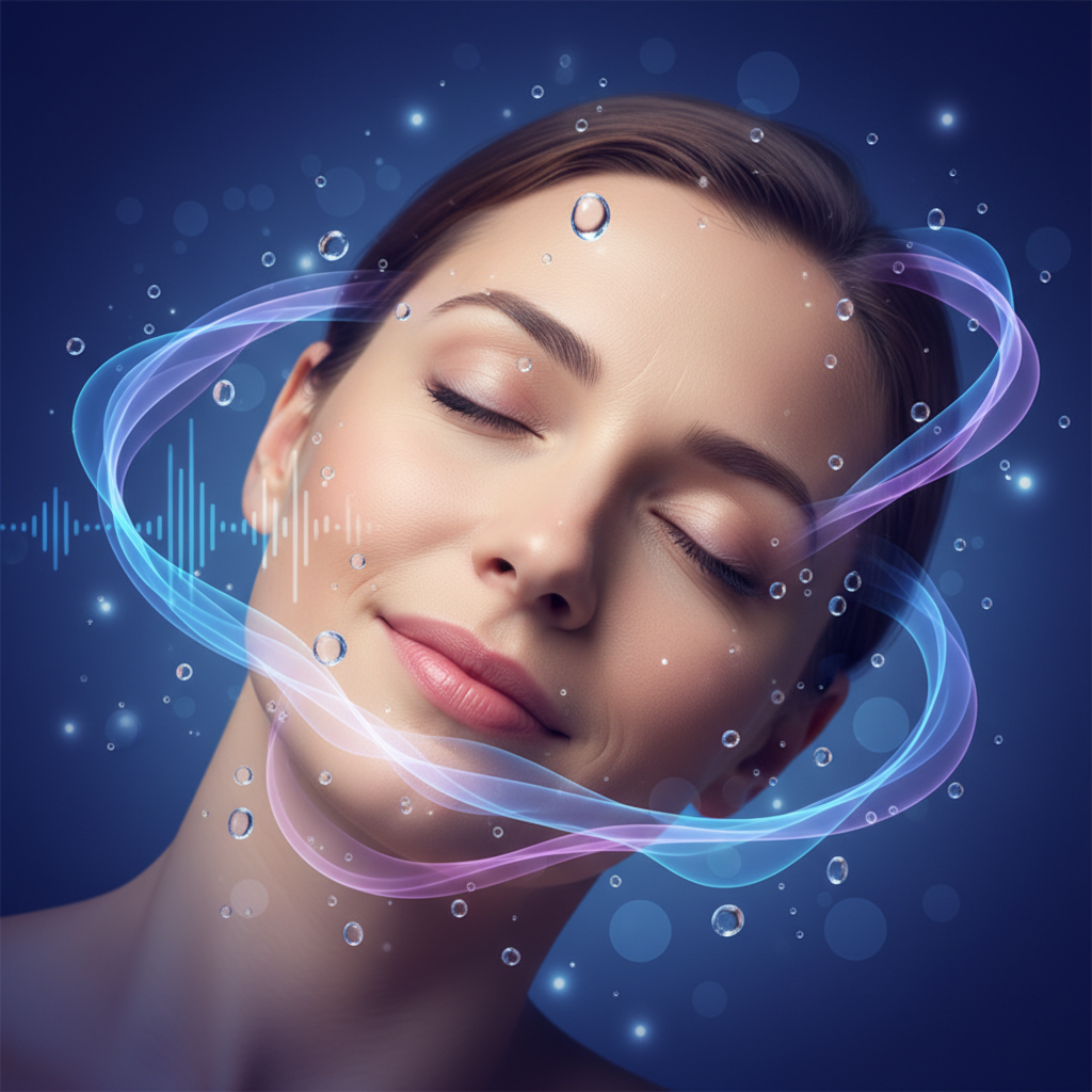 Mulher dormindo tranquilamente com ondas sonoras de ruído branco ao redor — sono profundo e relaxamento