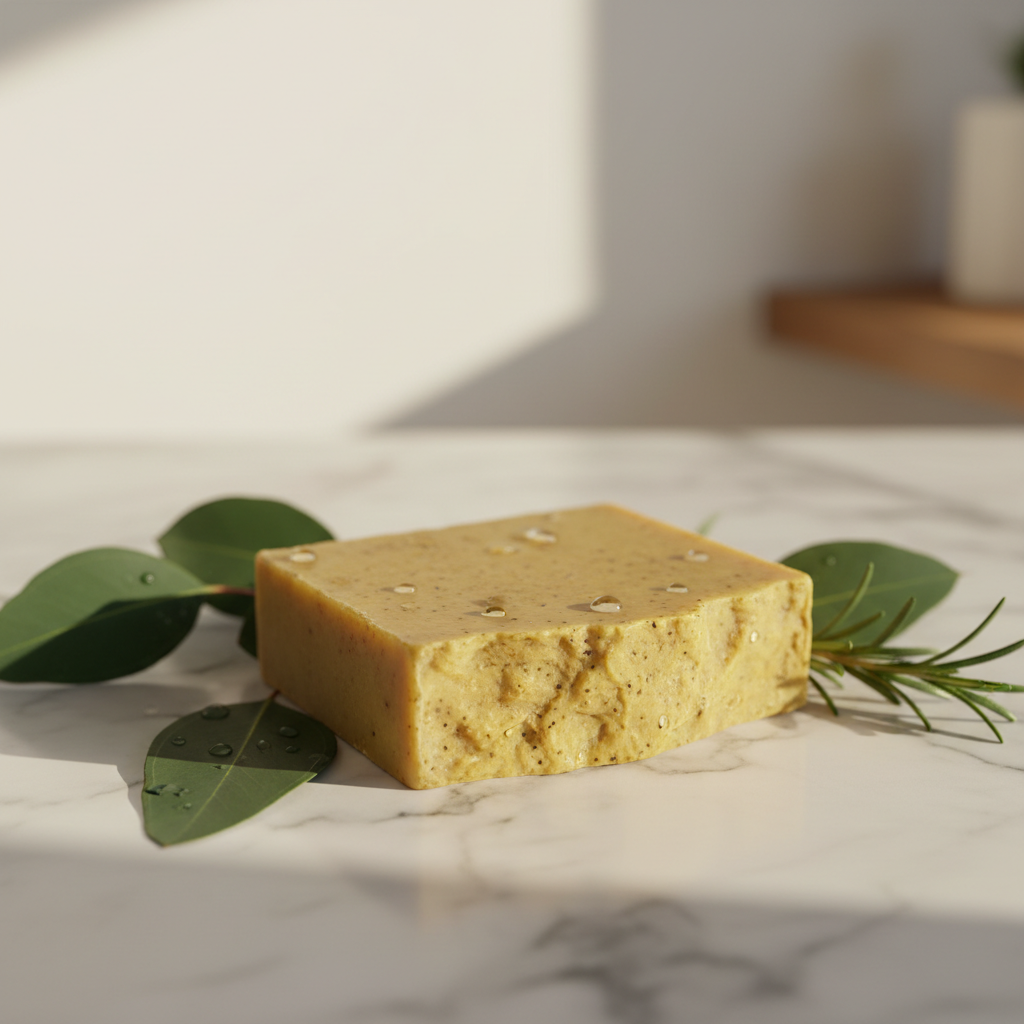 Sabonete de enxofre natural em mármore com folhas verdes - benefícios e como usar