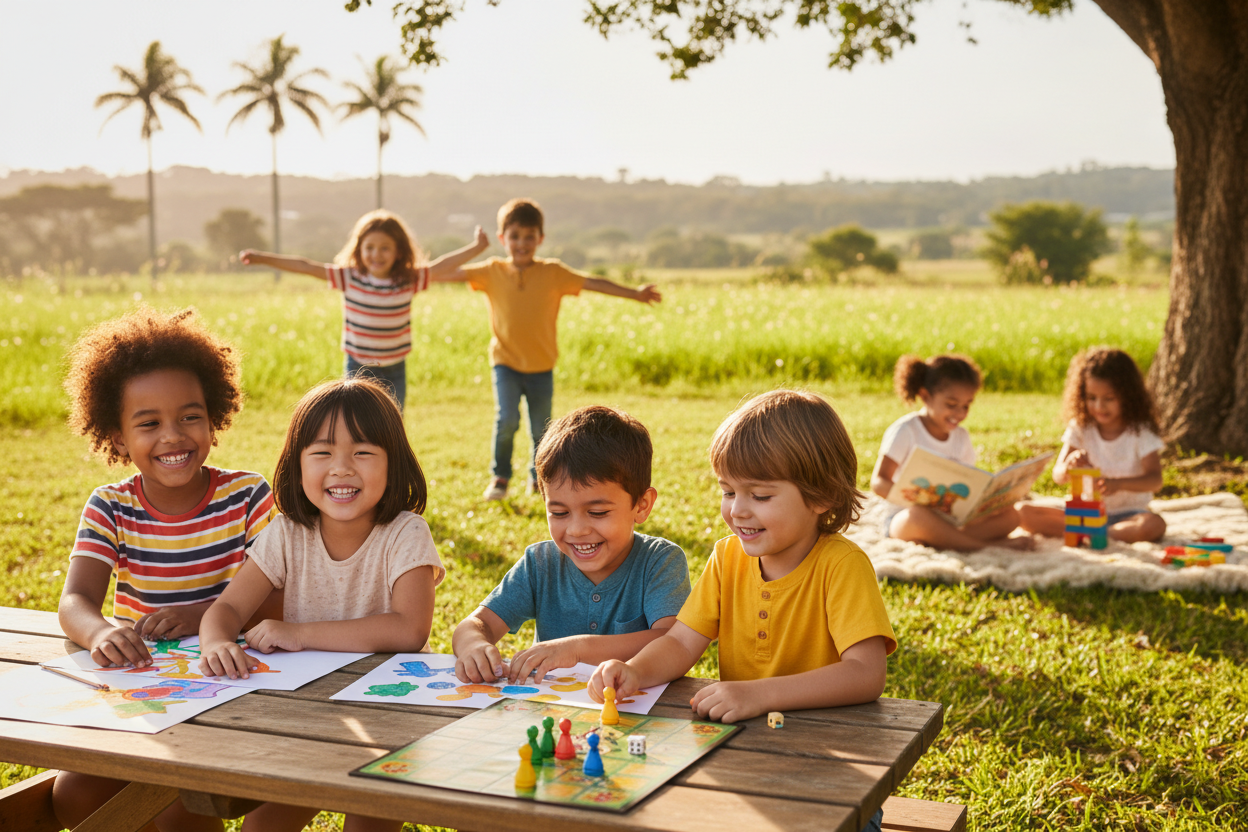 Crianças felizes brincando em atividades offline - alternativas saudáveis ao tempo de tela