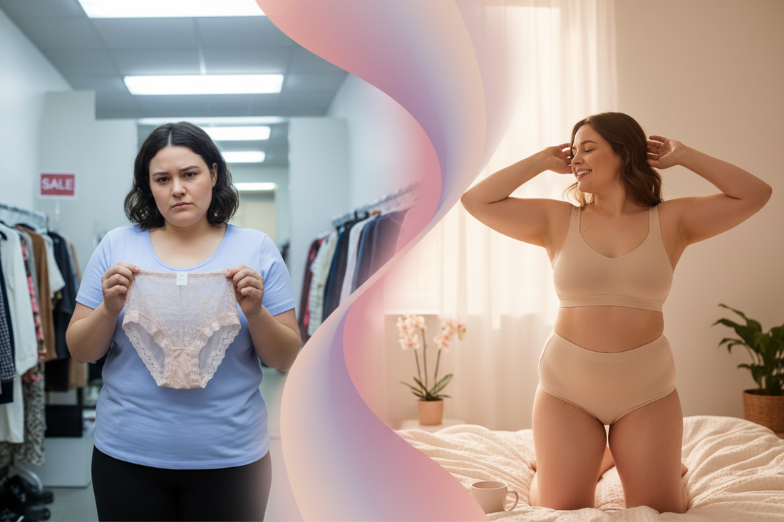 Mulher plus size transformação emocional provador - antes frustrada depois confiante com calcinha confortável ComfortFit