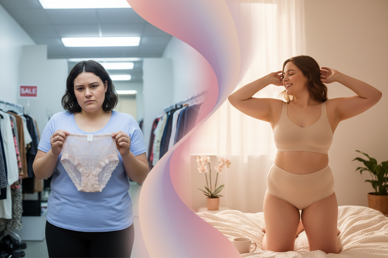 Mulher plus size transformação emocional provador - antes frustrada depois confiante com calcinha confortável ComfortFit