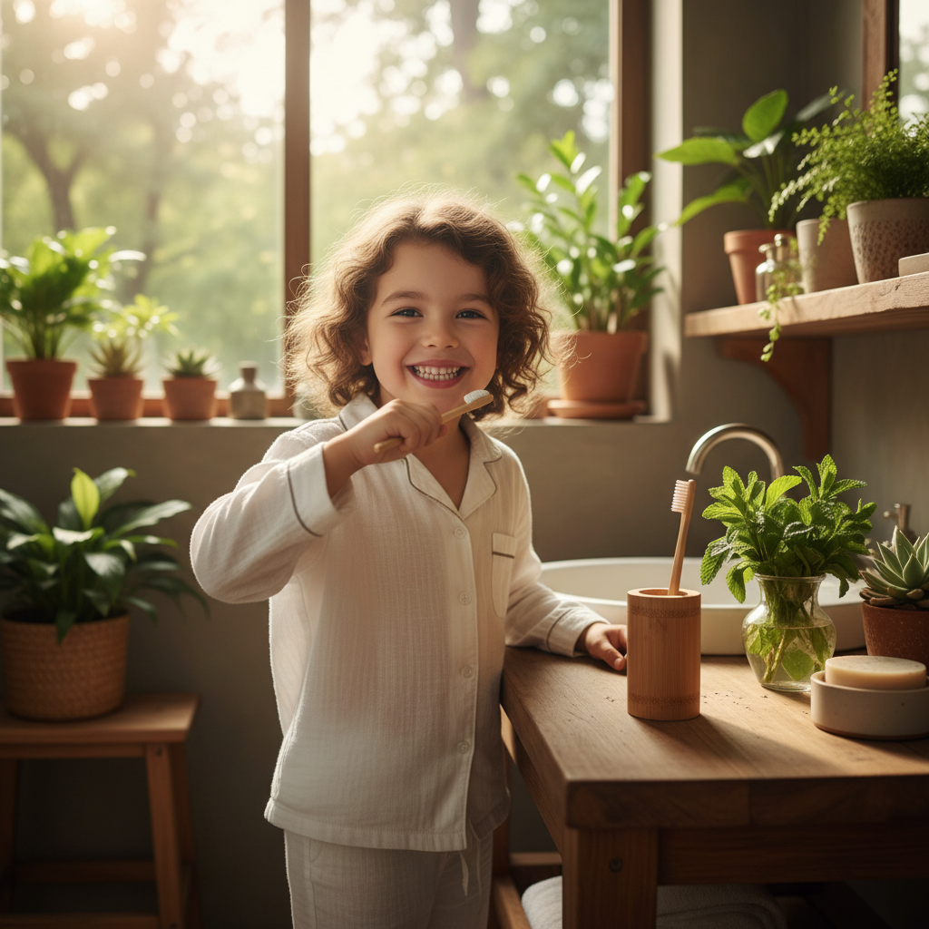 Criança feliz escovando os dentes em banheiro natural com plantas e luz solar - ritual de higiene bucal saudável