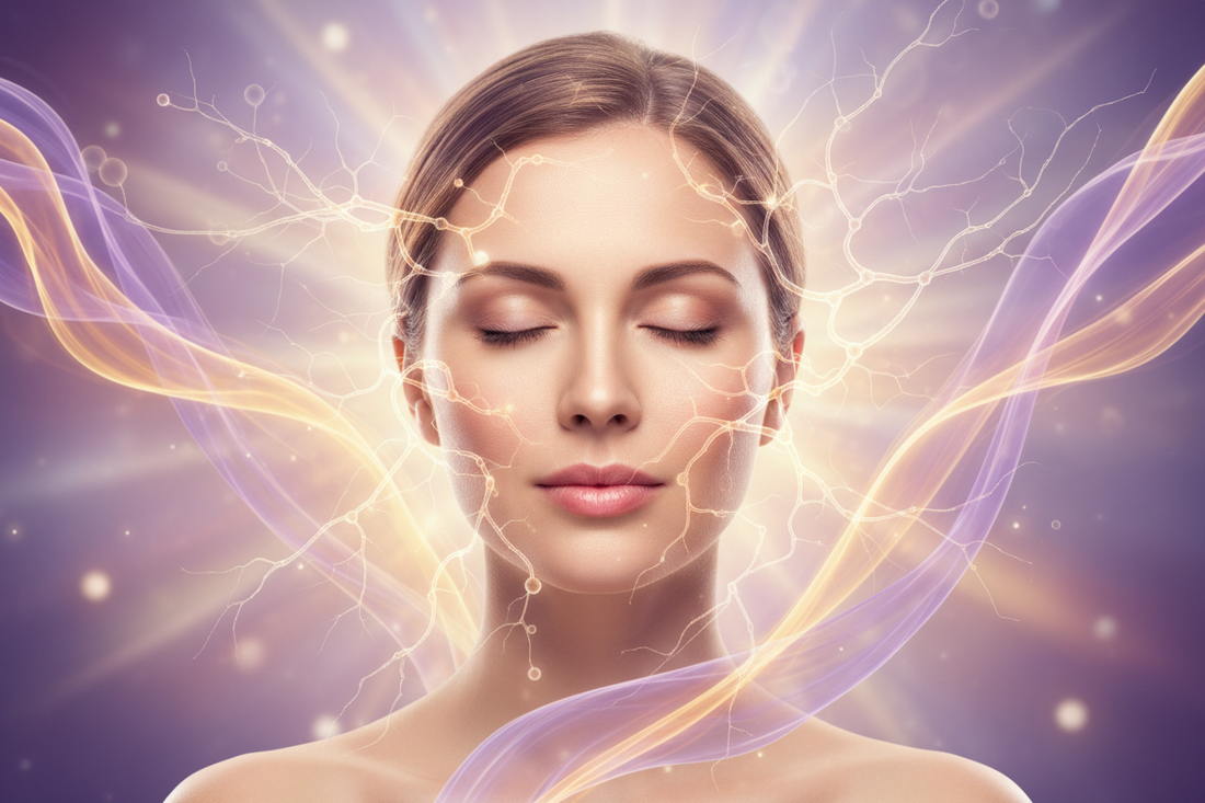 Mulher em paz com olhos fechados cercada por luz roxa e dourada simbolizando sistema nervoso regulado e corpo inteligente que protege em vez de falhar