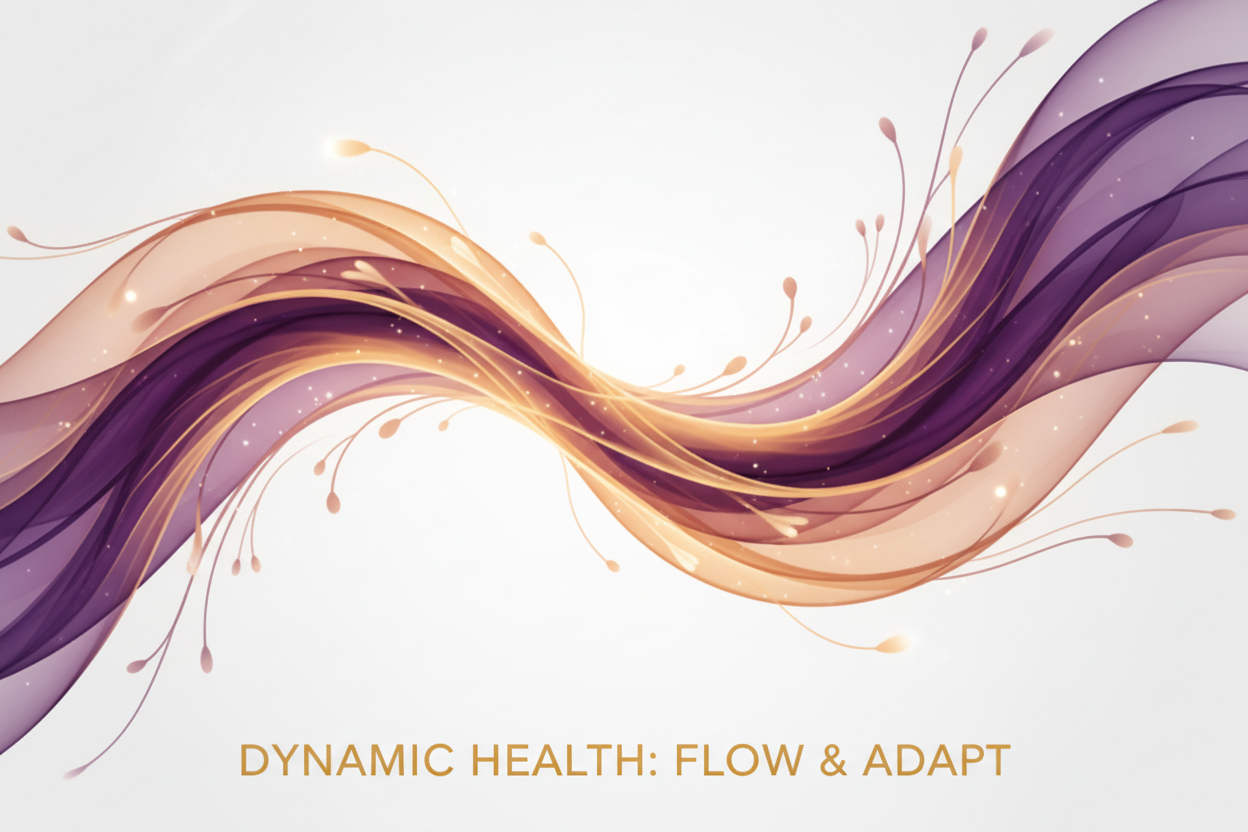 Representação artística abstrata de fluxo energético e regulação corporal em gradiente roxo e dourado