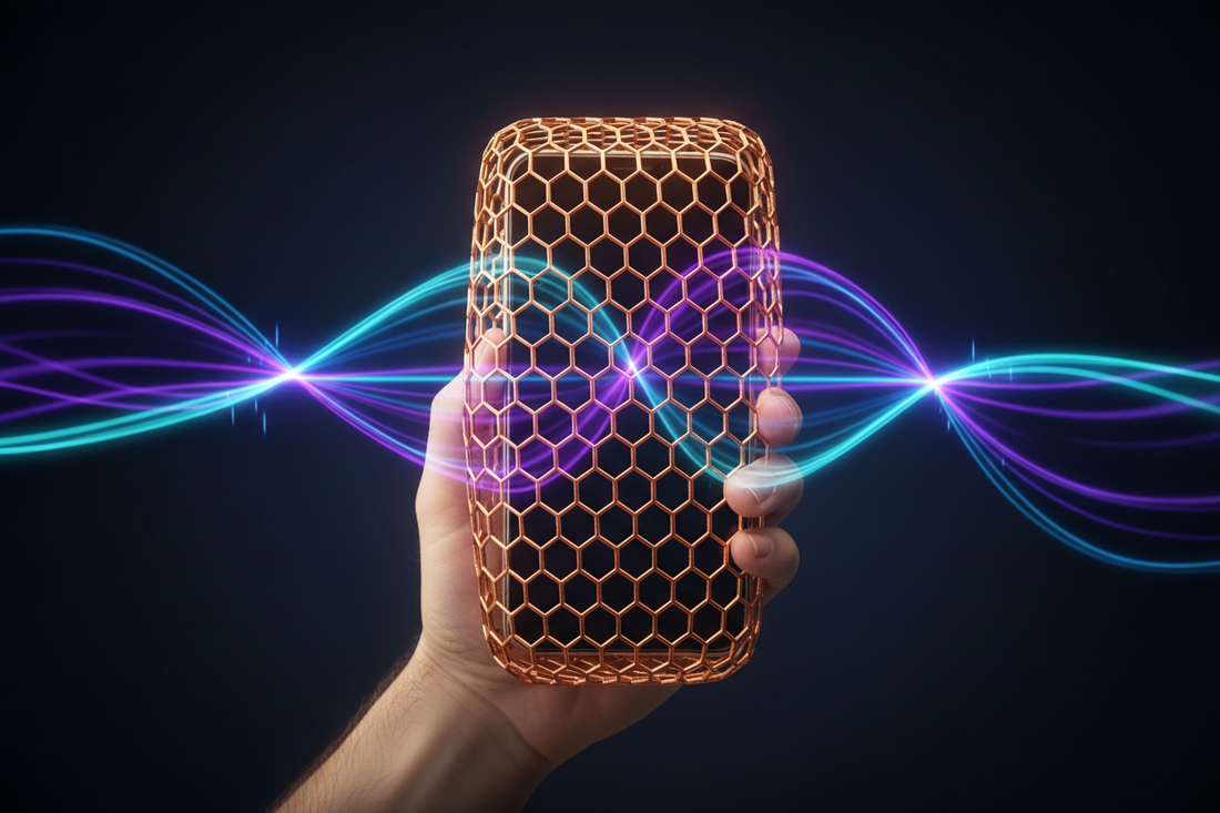 Smartphone protegido por malha metálica de cobre bloqueando ondas eletromagnéticas coloridas, ilustrando o conceito de gaiola de Faraday