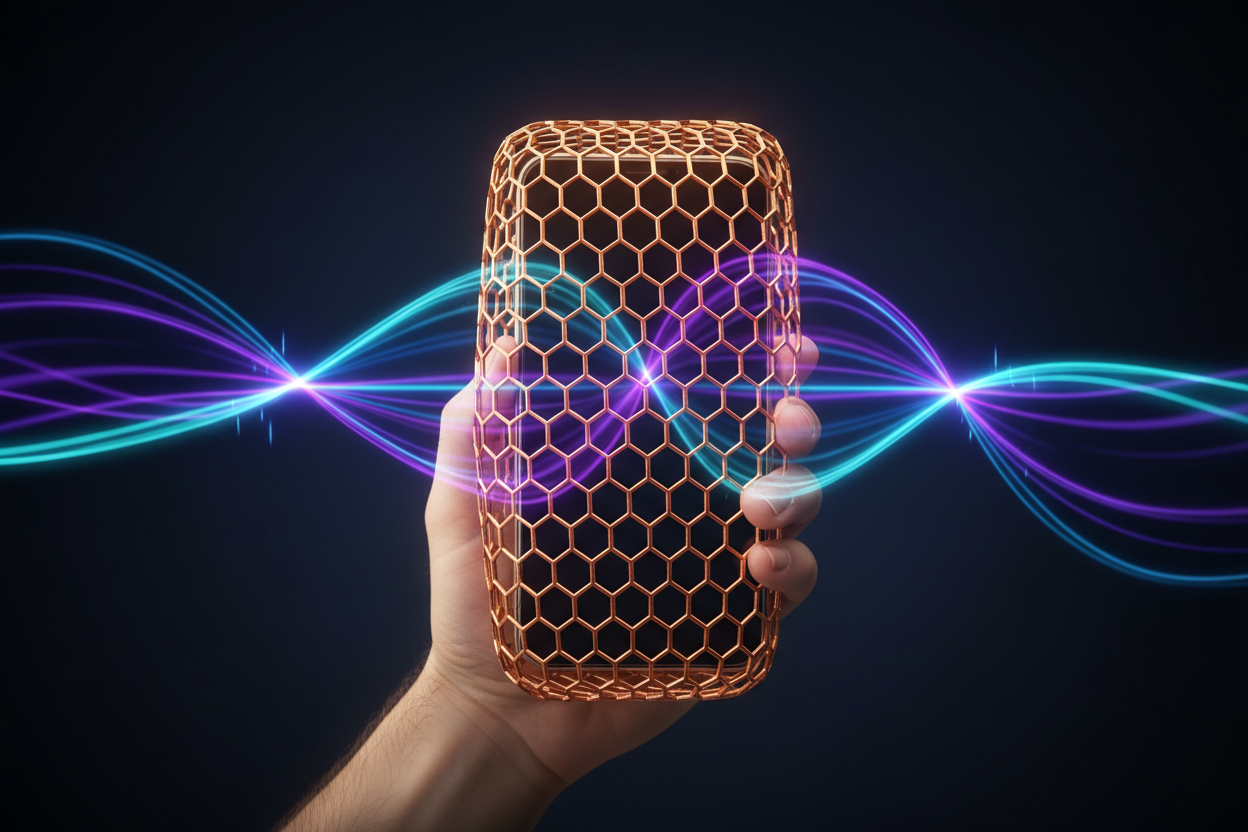 Smartphone protegido por malha metálica de cobre bloqueando ondas eletromagnéticas coloridas, ilustrando o conceito de gaiola de Faraday
