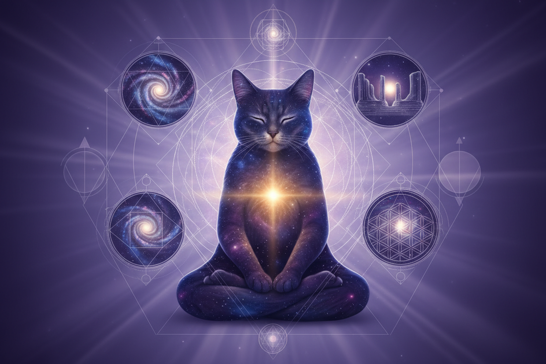 Gato em estado contemplativo cercado por portais dimensionais e geometria sagrada