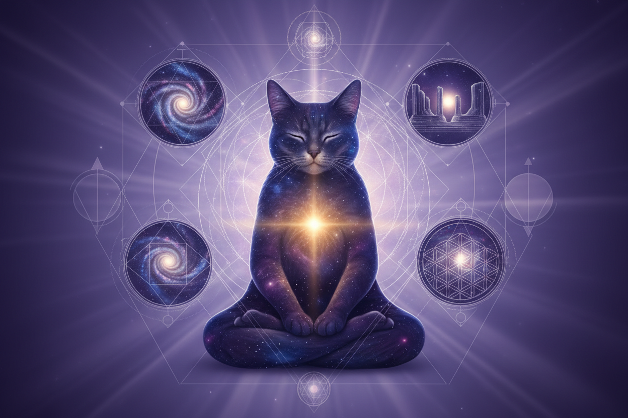 Gato em estado contemplativo cercado por portais dimensionais e geometria sagrada