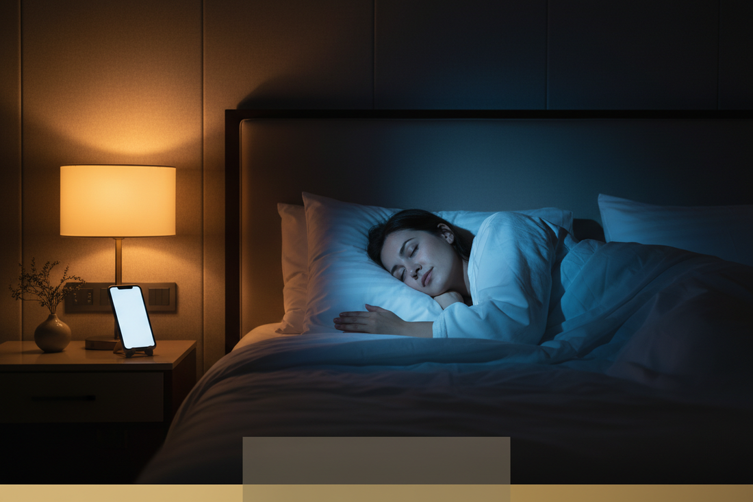 Mulher dormindo com contraste entre luz quente âmbar e luz azul fria de tela — impacto da luz LED na melatonina e no sono