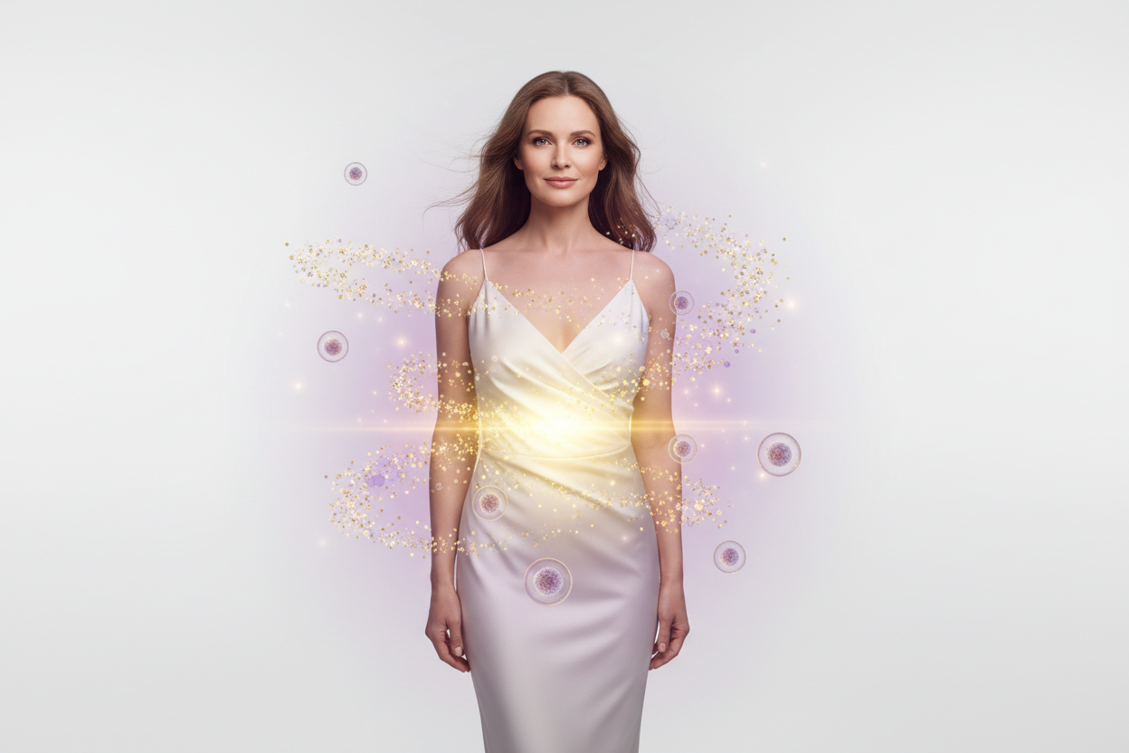 Visualização microscópica de células em processo de autofagia - renovação celular e longevidade feminina após os 40