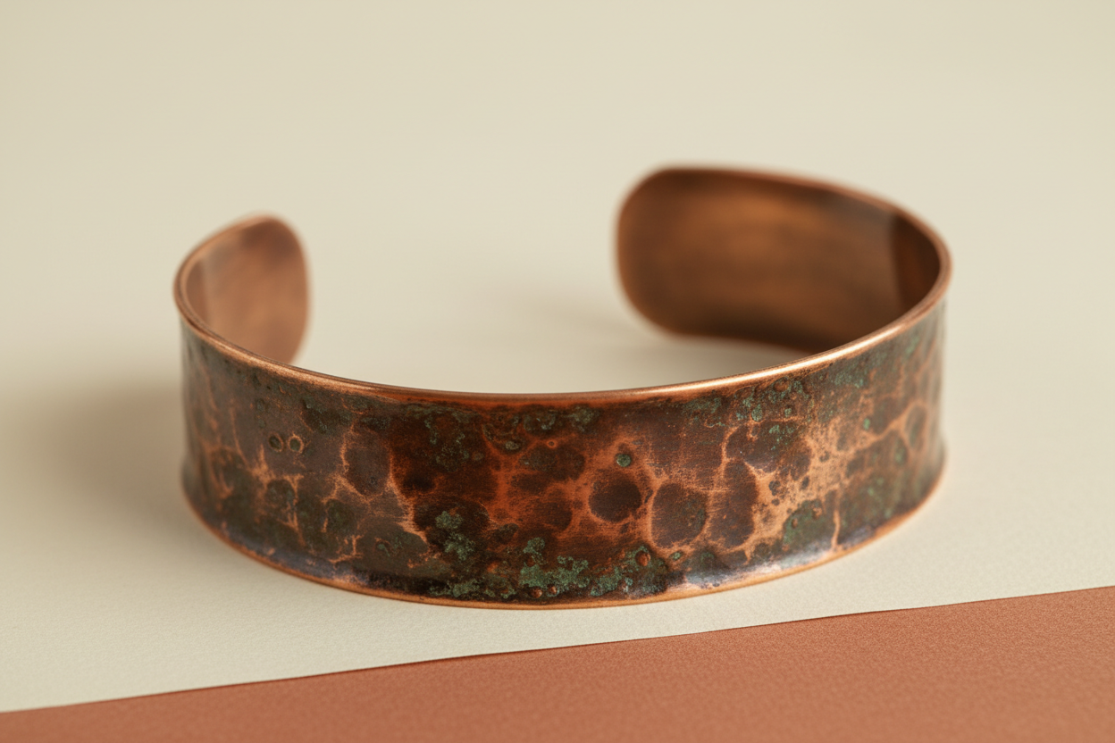 Pulseira de cobre escurecida com pátina de oxidação natural