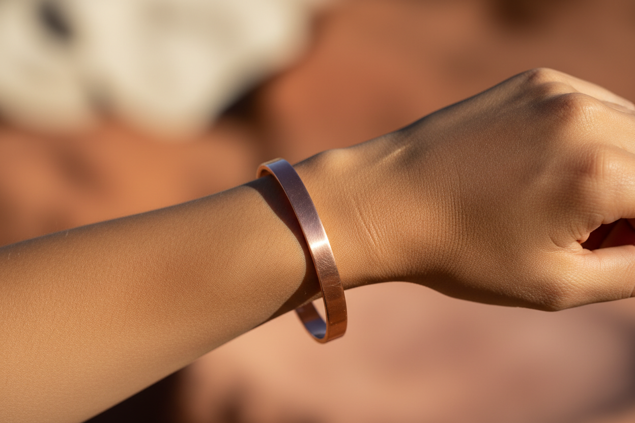 Mulher usando pulseira de cobre no pulso — pulseira de cobre faz mal?