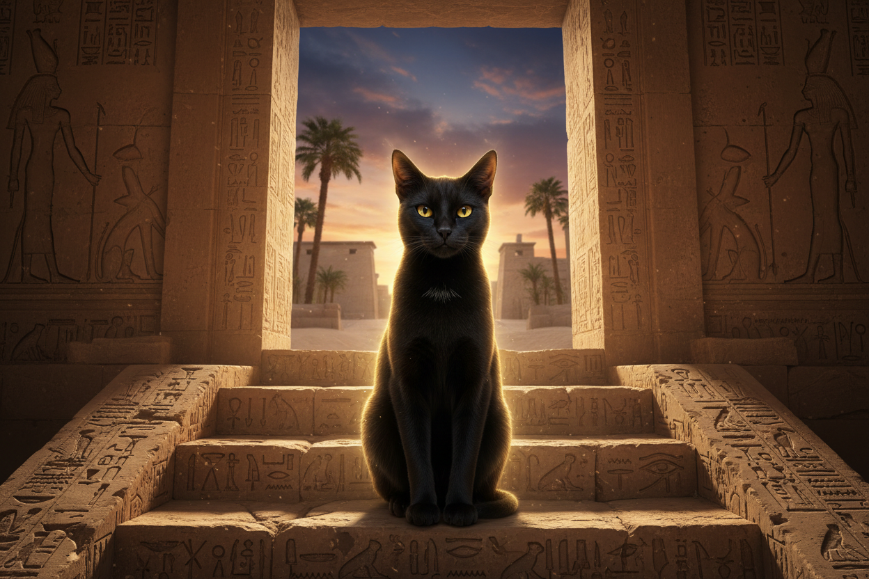 Gato guardião em templo egípcio antigo com hieróglifos e luz sagrada