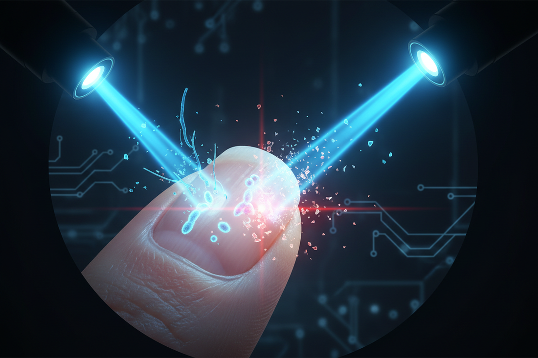Visualização científica de tratamento de onicomicose com fototerapia LED 905nm e 470nm