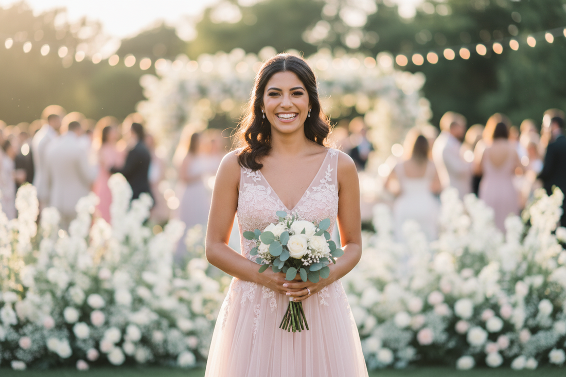 SmileAura™ editorial — woman smiling confidently at a special occasion. Smile confidence for weddings, portraits and everyday moments. Terapia da Mulher x Gaia Waves.