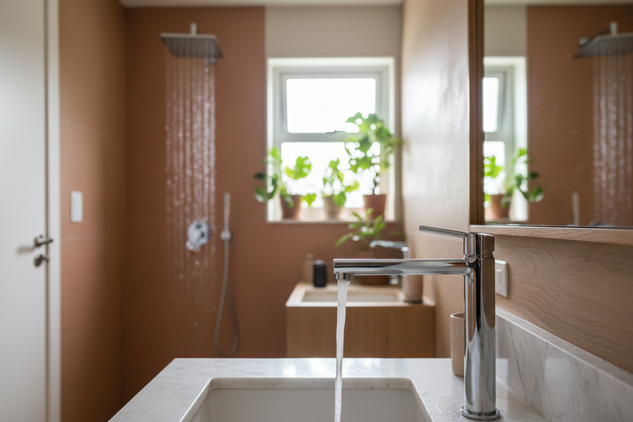 Casa brasileira moderna com água limpa fluindo e plantas verdes representando saúde, bem-estar e vida consciente