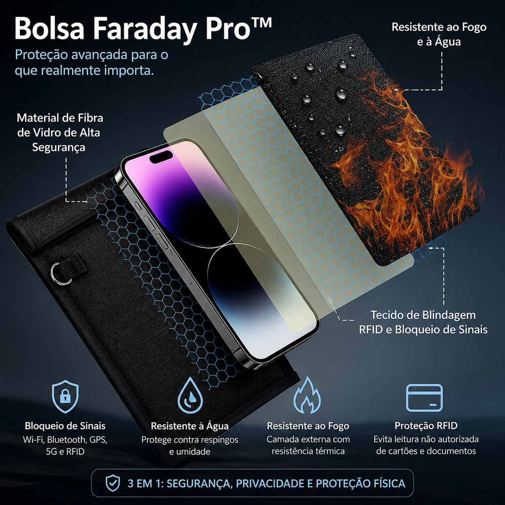 Bolsa Faraday Pro™ | Documentos, Fogo e Água | Bloqueio de Sinal e RFID