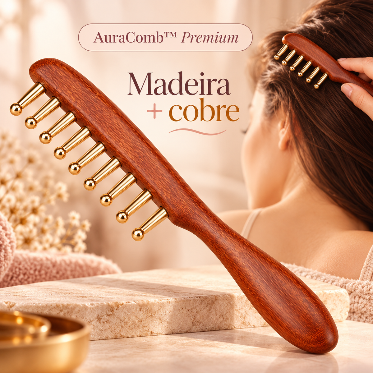 AuraComb™ - Pente Bioenergético Madeira e Cobre | Bem-estar