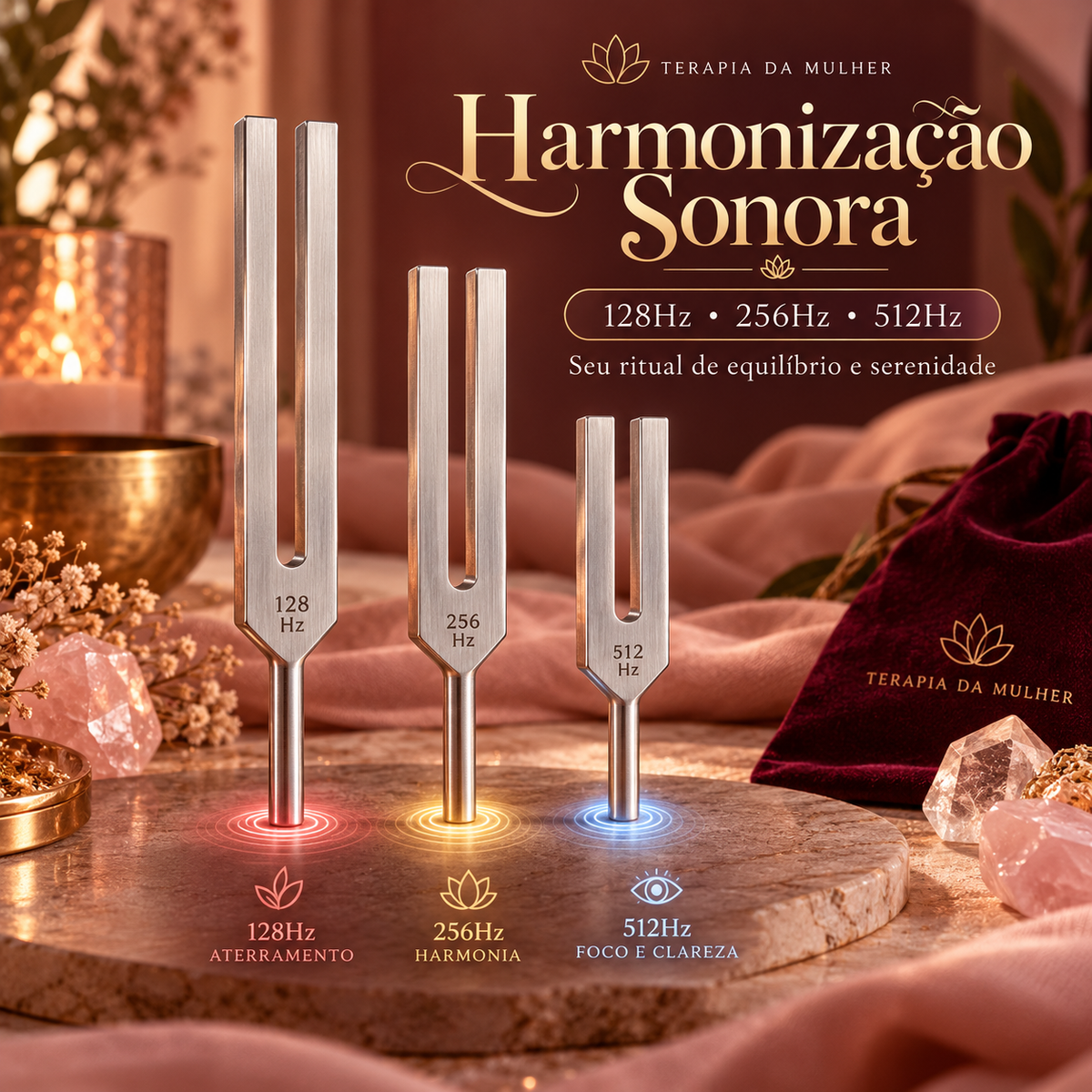 Conjunto de Diapasões 128hz, 256hz e 512hz - Terapia da Mulher