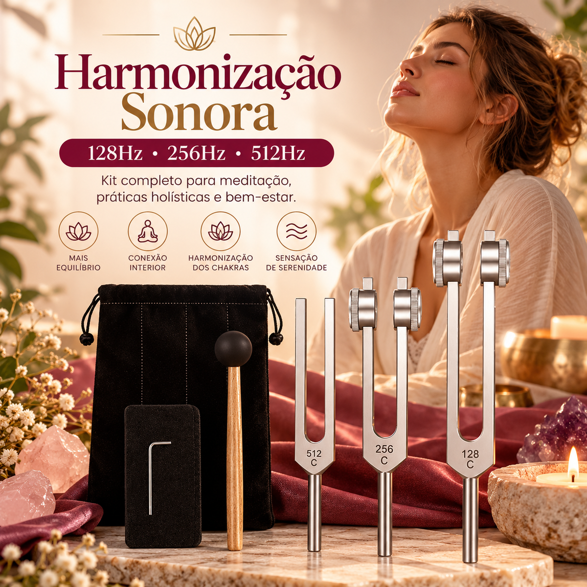 Conjunto de Diapasões 128hz, 256hz e 512hz - Terapia da Mulher