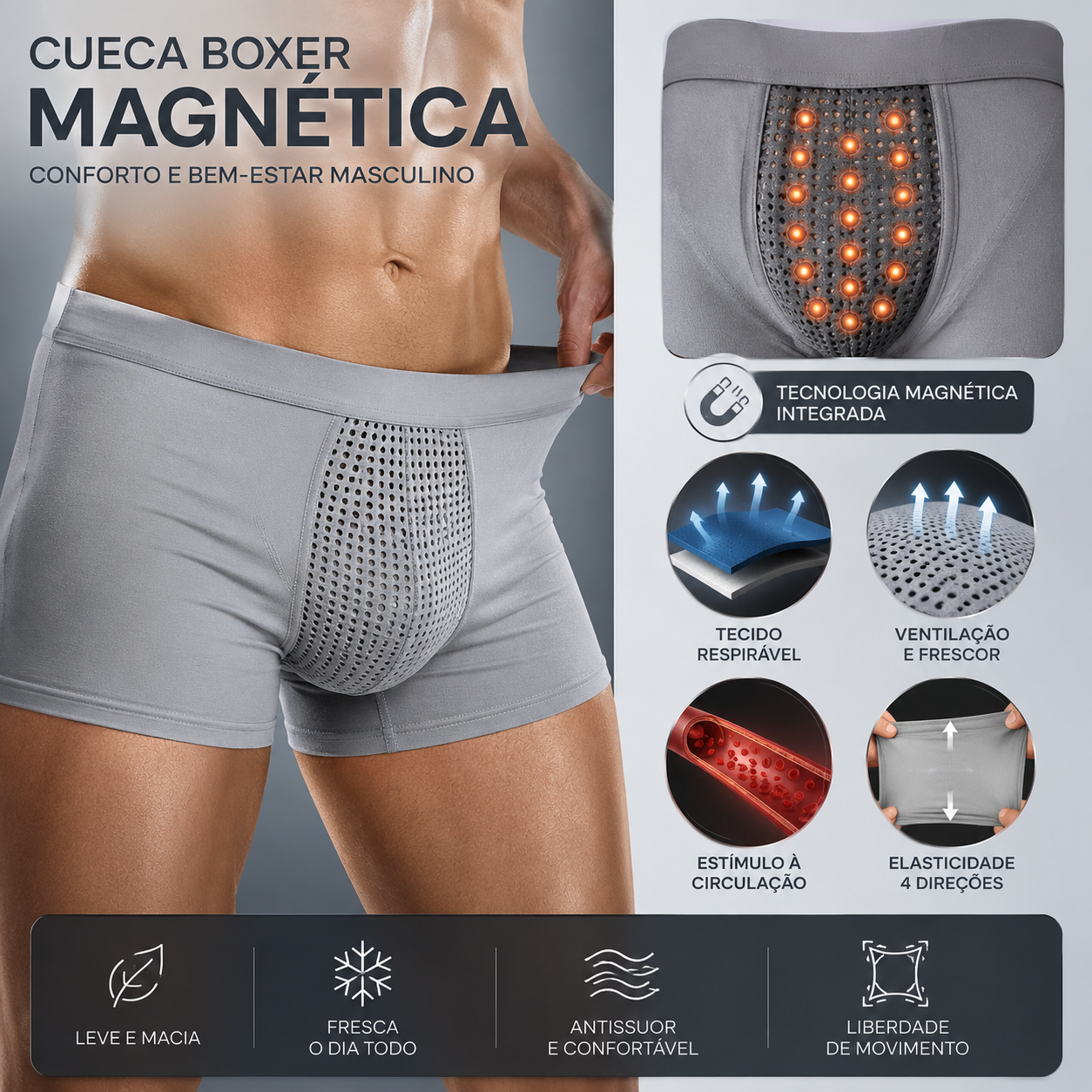 Cueca Boxer Magnética | Conforto e Bem-Estar Masculino | Kit 2 Peças
