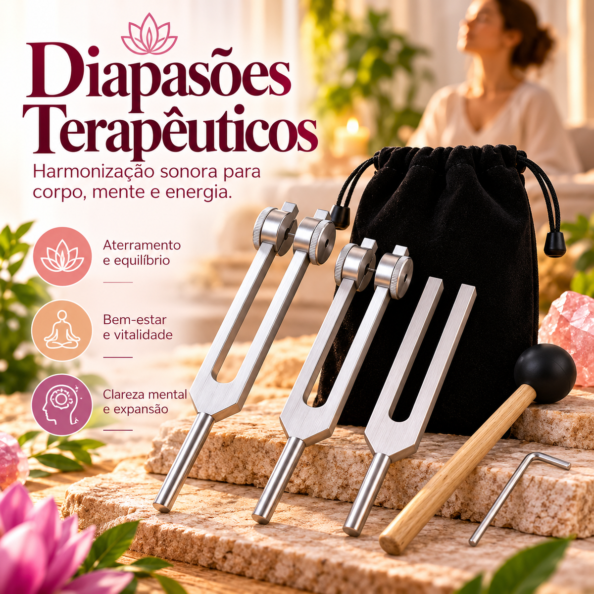 Conjunto de Diapasões 128hz, 256hz e 512hz - Terapia da Mulher