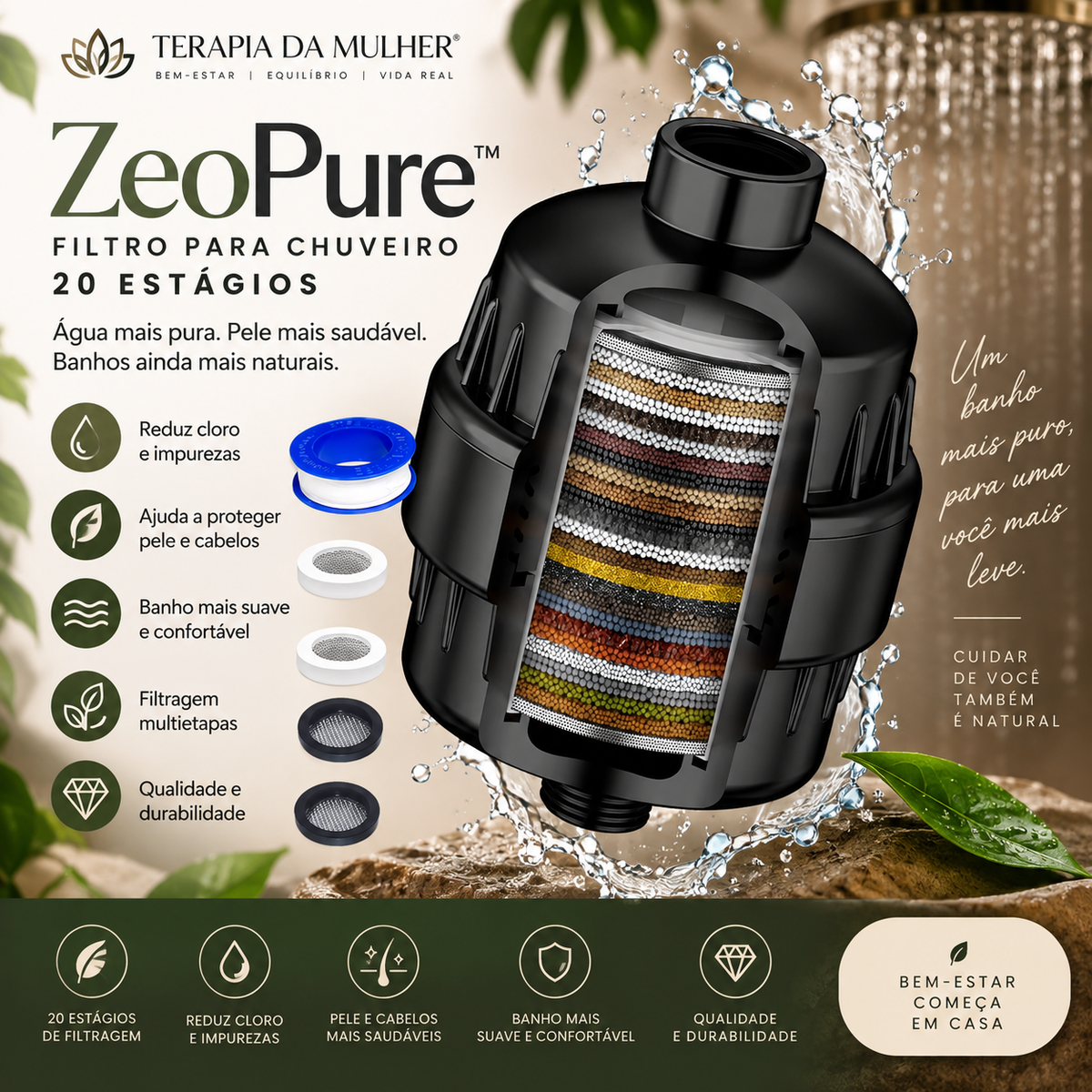 Filtro para chuveiro com 20 estágios - ZeoPure™