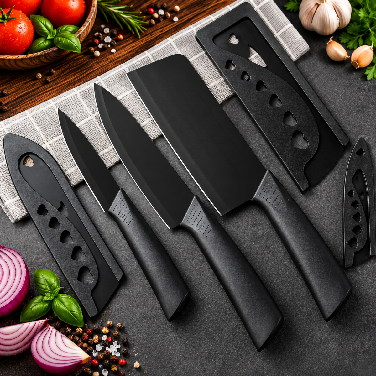 KŌRVA™ Black Kitchen | Conjunto de Facas Pretas