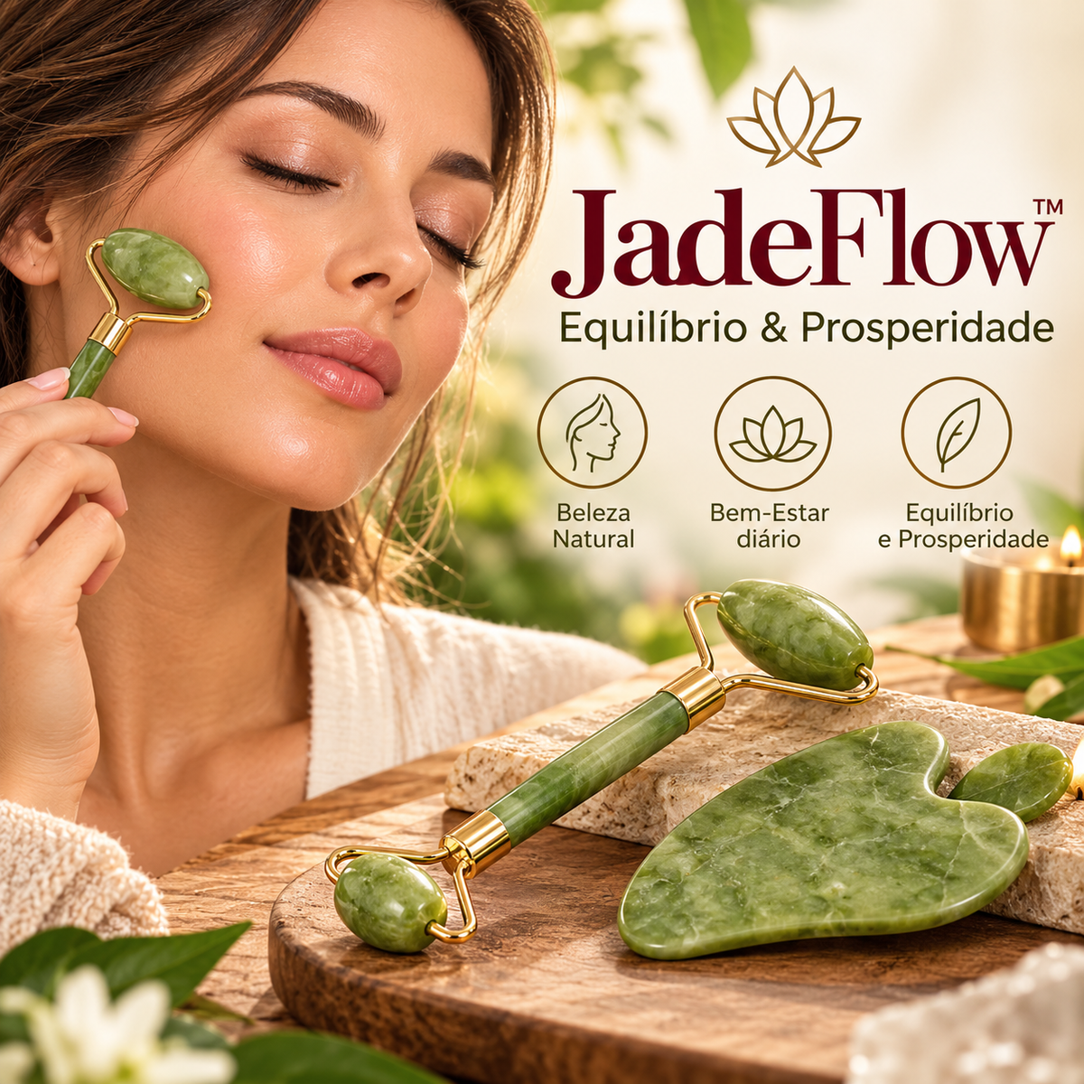 Kit Massagem Facial Jade Natural JadeFlow™ | Roller & Gua Sha - Equilíbrio e Prosperidade