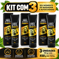 Kit com 3 unidades de pomada massageadora Canela de Velho Premium de 150 g cada, em embalagens pretas e douradas.