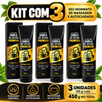 Kit com 3 unidades de pomada massageadora Canela de Velho Premium de 150 g cada, em embalagens pretas e douradas.