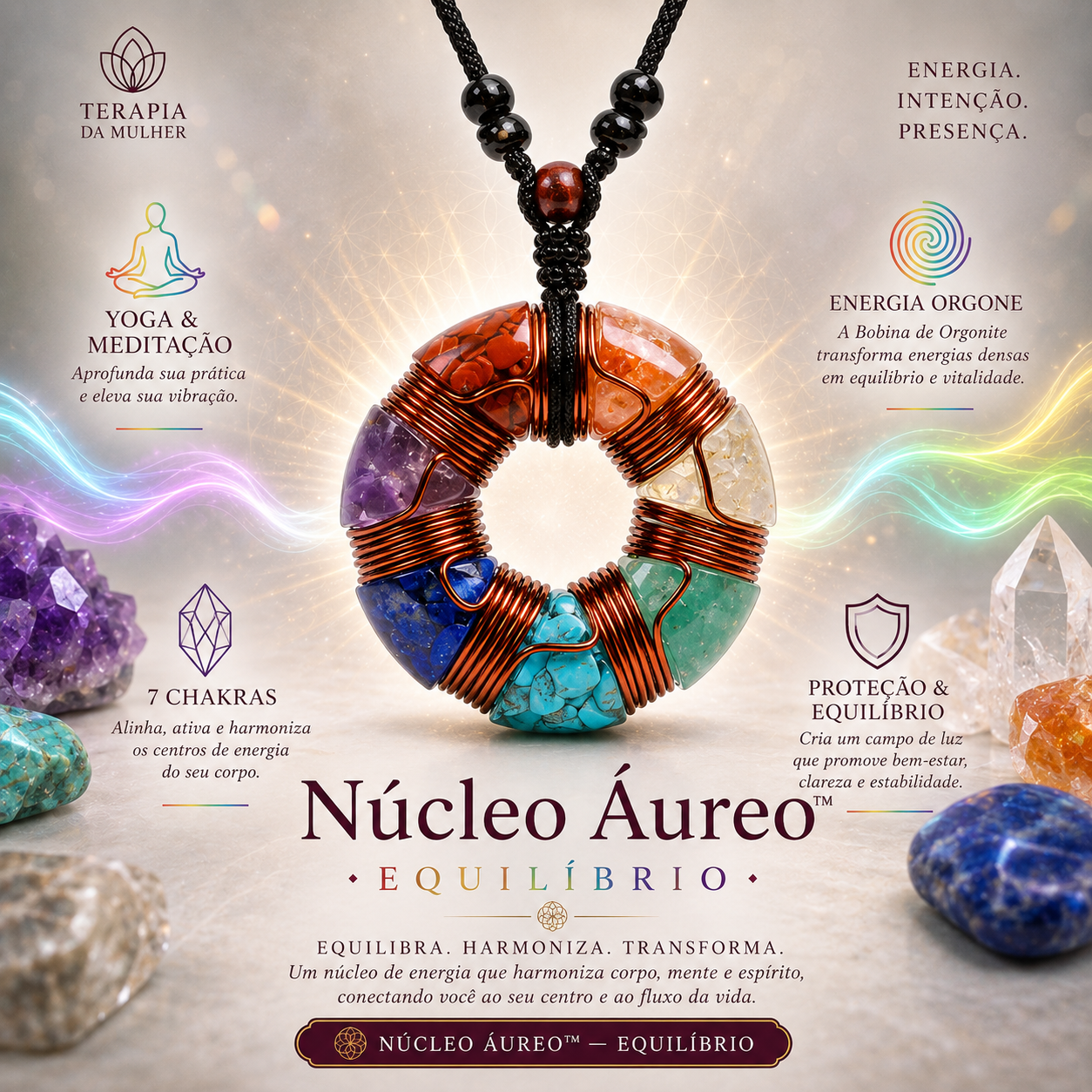 Núcleo Áureo™ | Gerador de Orgone Toroidal com Cristal Natural