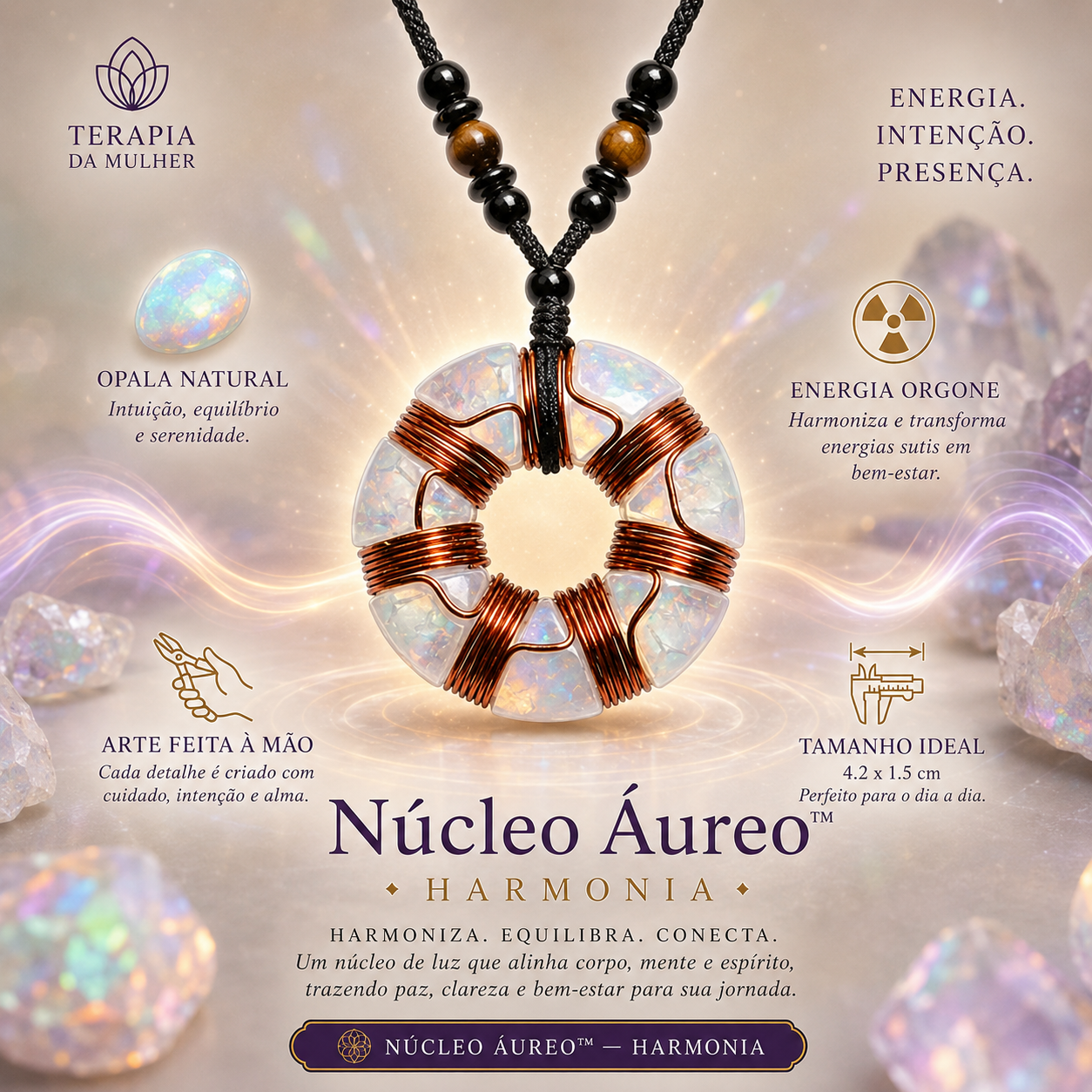 Núcleo Áureo™ | Gerador de Orgone Toroidal com Cristal Natural
