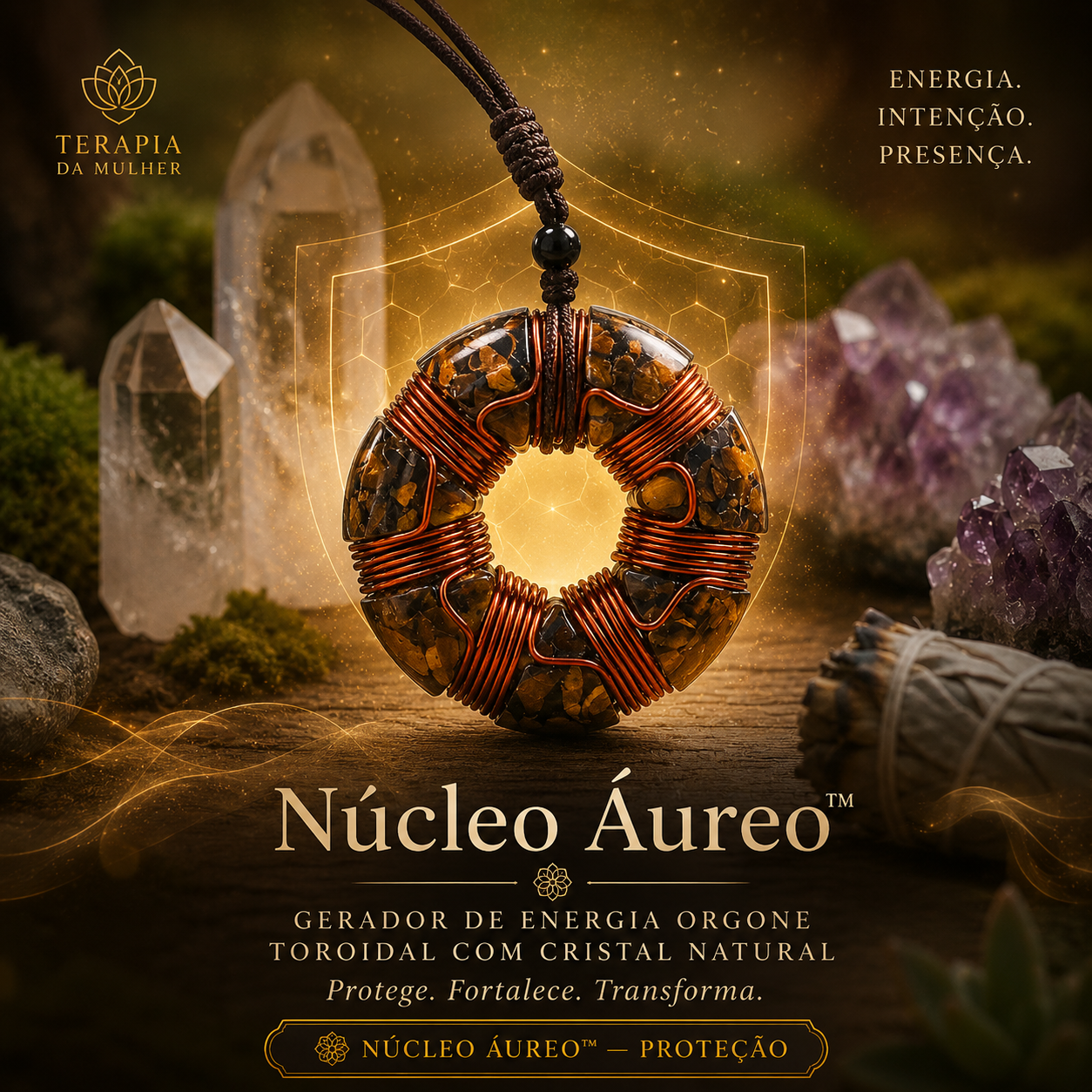 Núcleo Áureo™ | Gerador de Orgone Toroidal com Cristal Natural