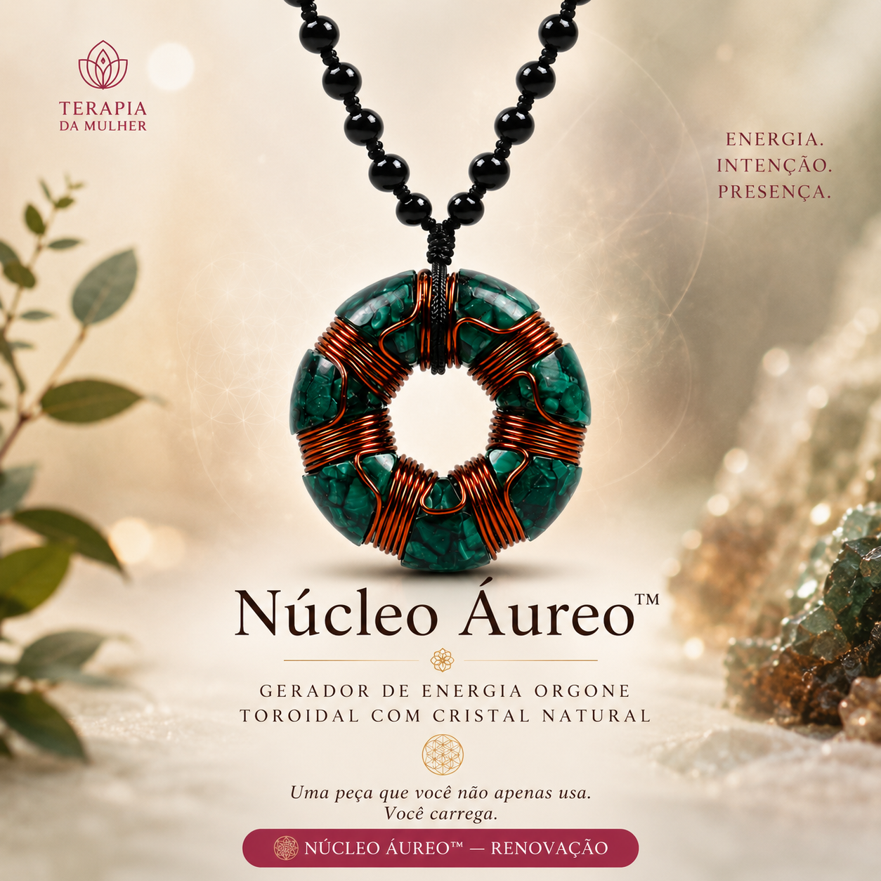 Núcleo Áureo™ | Gerador de Orgone Toroidal com Cristal Natural