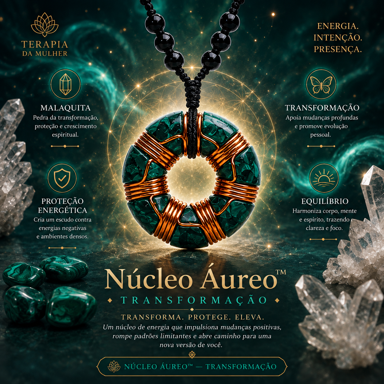 Núcleo Áureo™ | Gerador de Orgone Toroidal com Cristal Natural